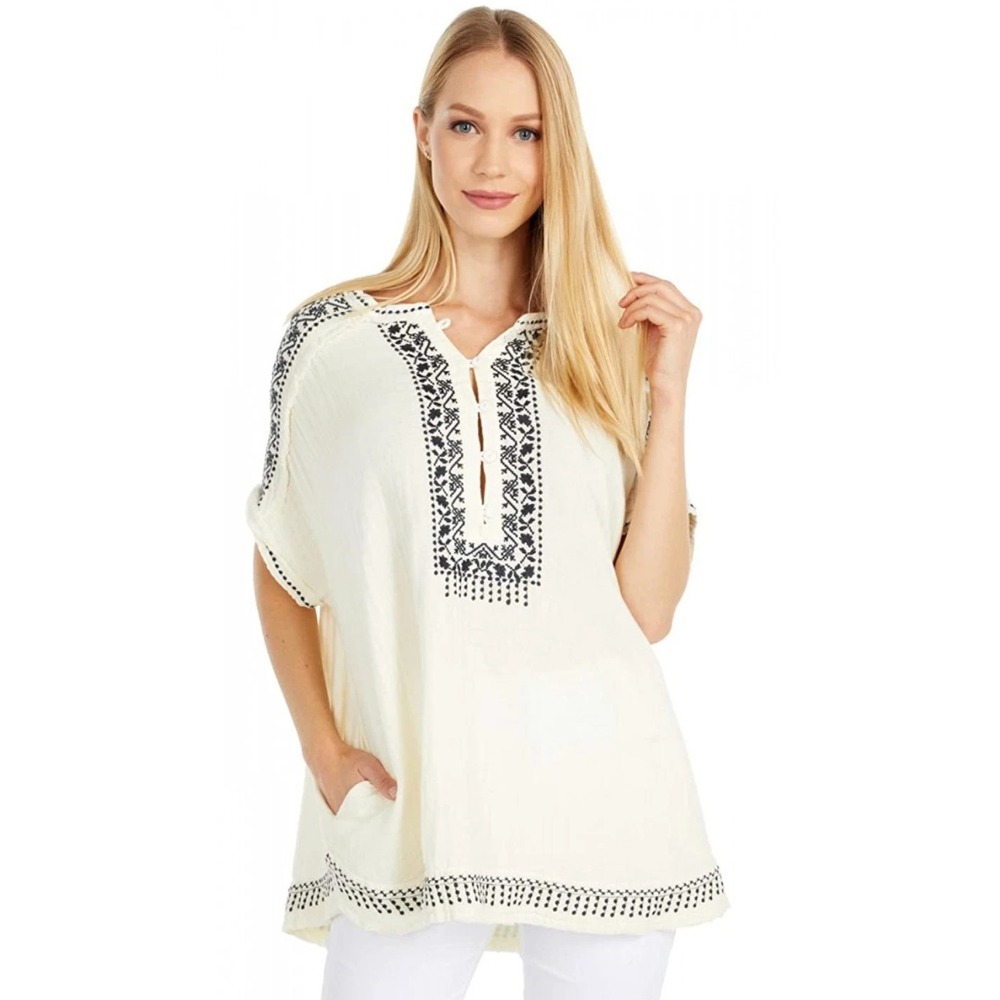Johnny Was Brunay Blouse Women's Medium Ivory/Black Embroidered Gauzy Tunic Top